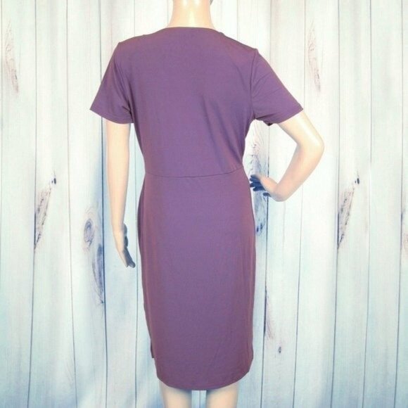 Purple Faux Wrap Dress Medium Slimming Drape Short Sleeve V-neck The Paragon NEW - Picture 4 of 8